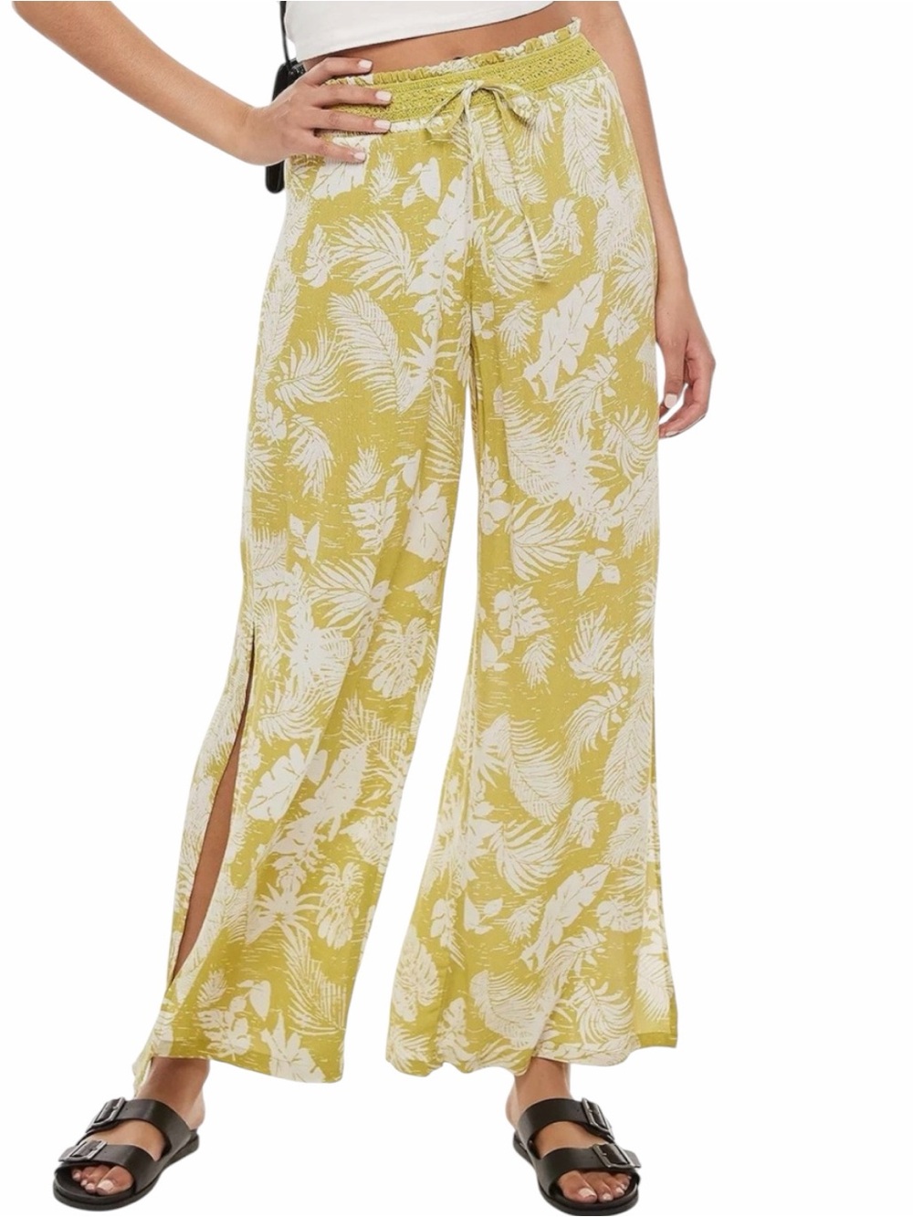 Mudd Pants Juniors M Yellow Tropical Floral Side Slit Elastic Waist Ankle Rayon